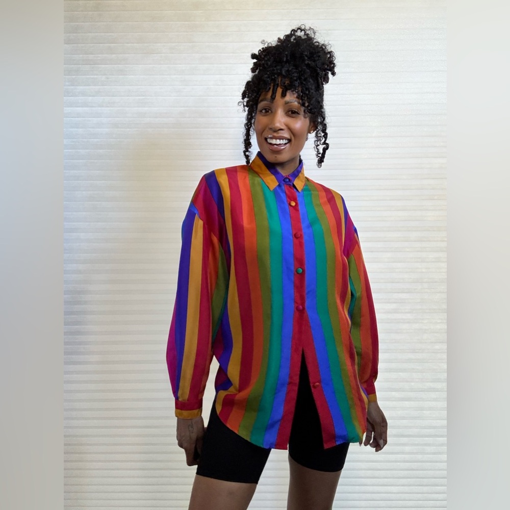 Vintage The Limited 100% Silk Blouse – Rainbow Stripes - Picture 7 of 14